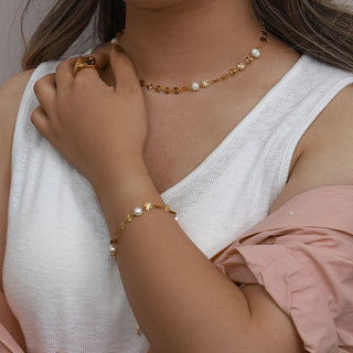 Sunburst Ferskvandsperle Halskæde + Armbånd Gavesæt 18K Guldbelagt