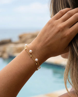 Curb Layer Pearl Chain Armbånd 18K Guldbelagt