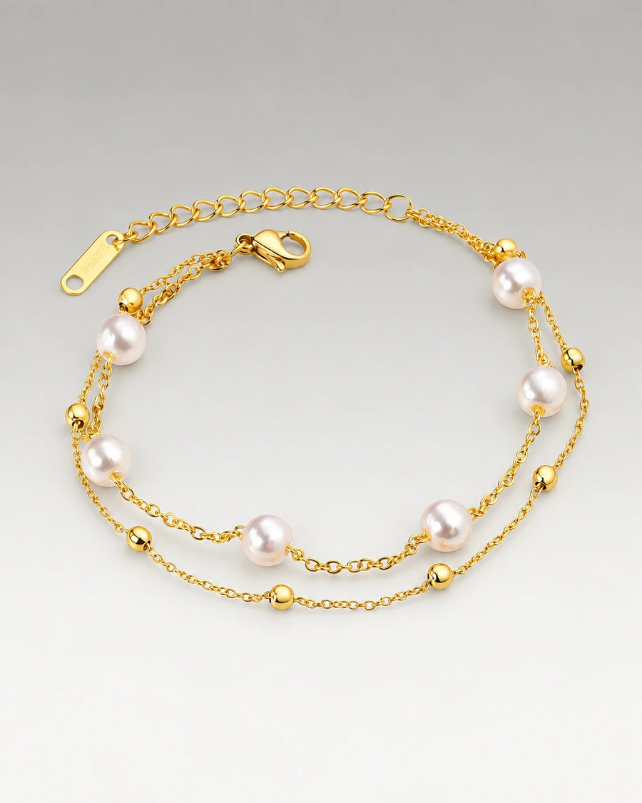 Curb Layer Pearl Chain Armbånd 18K Guldbelagt