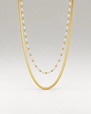 Flad Slange Choker + Beaded Pearl Gavesæt 18K Guldbelagt