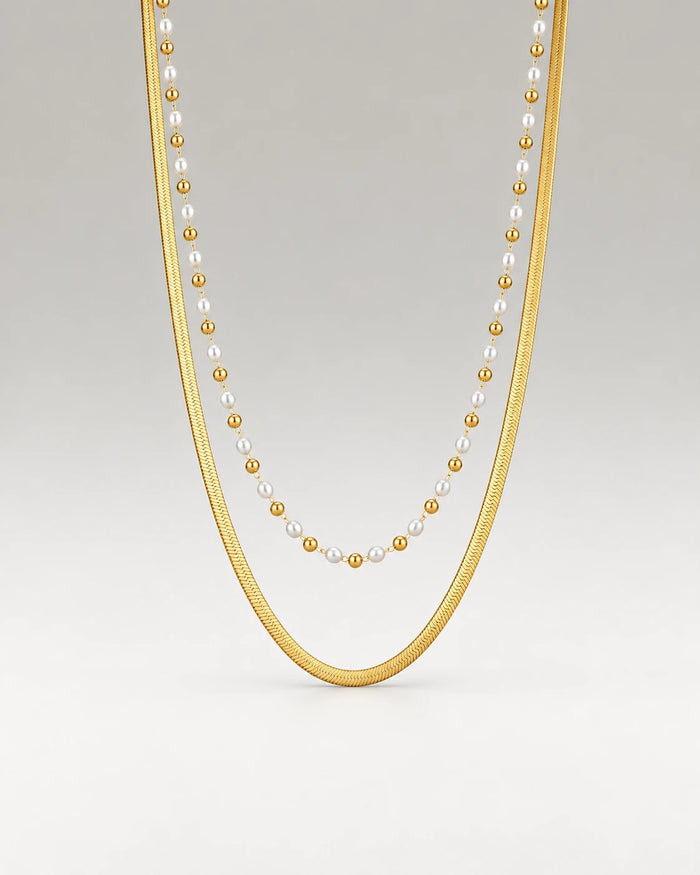 Flad Slange Choker + Beaded Pearl Gavesæt 18K Guldbelagt