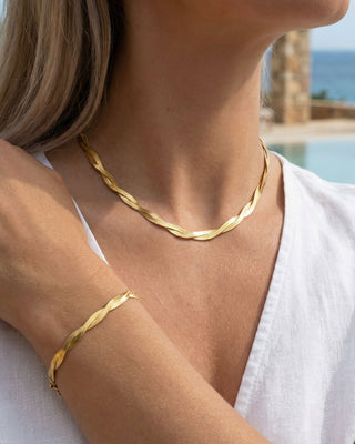 Flettet Flad Slange Choker + Armbånd Gavesæt 18K Guldbelagt