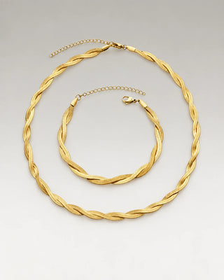 Flettet Flad Slange Choker + Armbånd Gavesæt 18K Guldbelagt