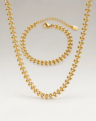 Golden Olive Leaf Halskæde + Armbånd Gavesæt 18K Guldbelagt