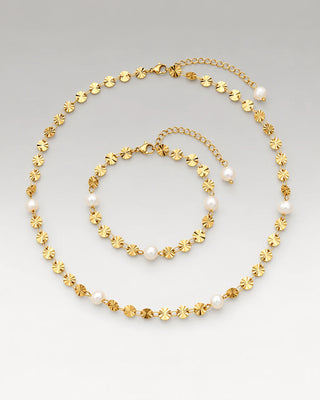 Sunburst Ferskvandsperle Halskæde + Armbånd Gavesæt 18K Guldbelagt