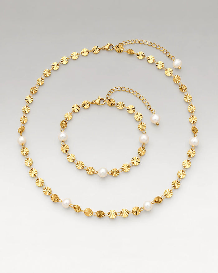 Sunburst Ferskvandsperle Halskæde + Armbånd Gavesæt 18K Guldbelagt