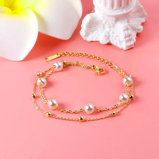 Curb Layer Pearl Chain Armbånd 18K Guldbelagt